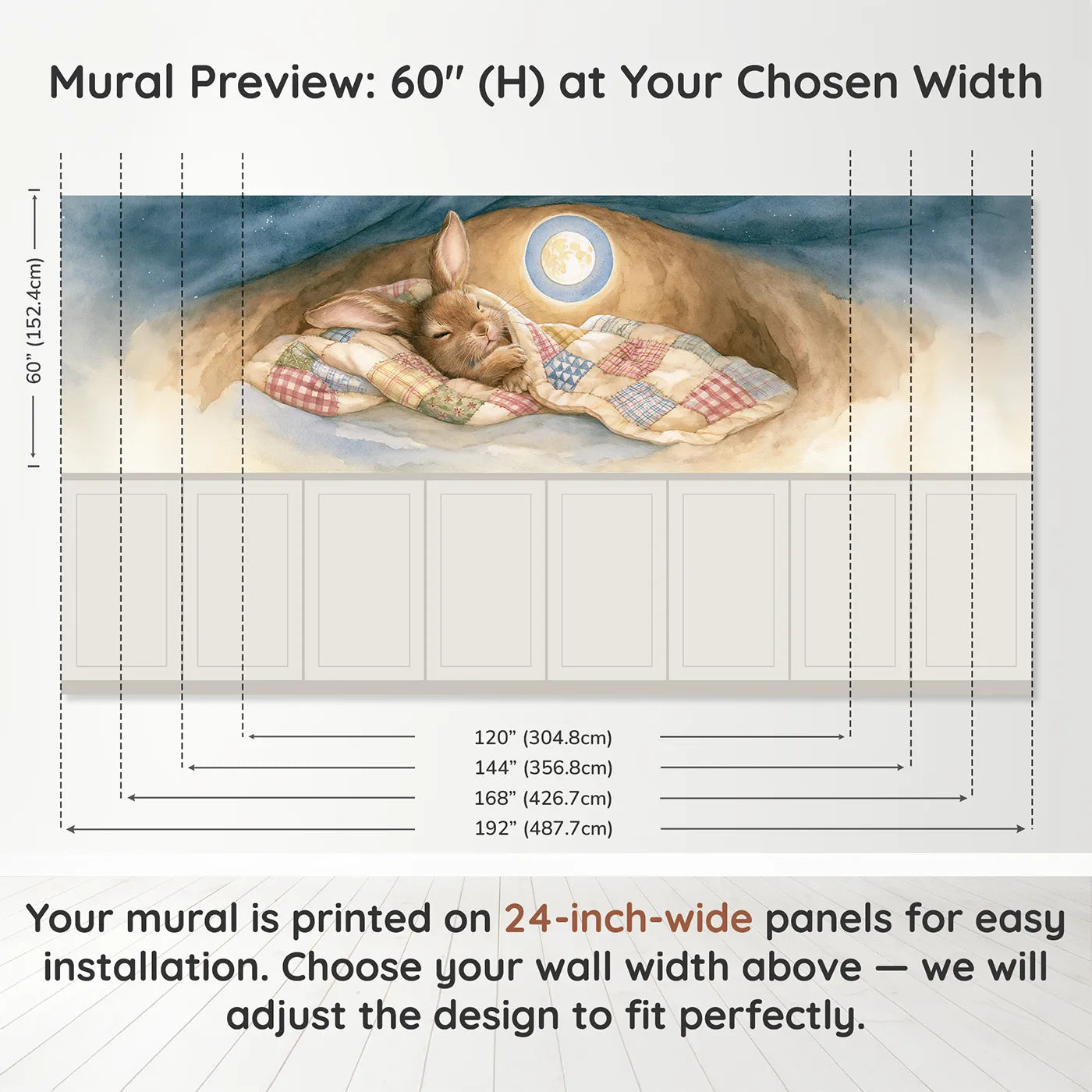 Panel dimensions for Bedtime In The Burrow Wainscoting Wallpaper by Whimsy Tots