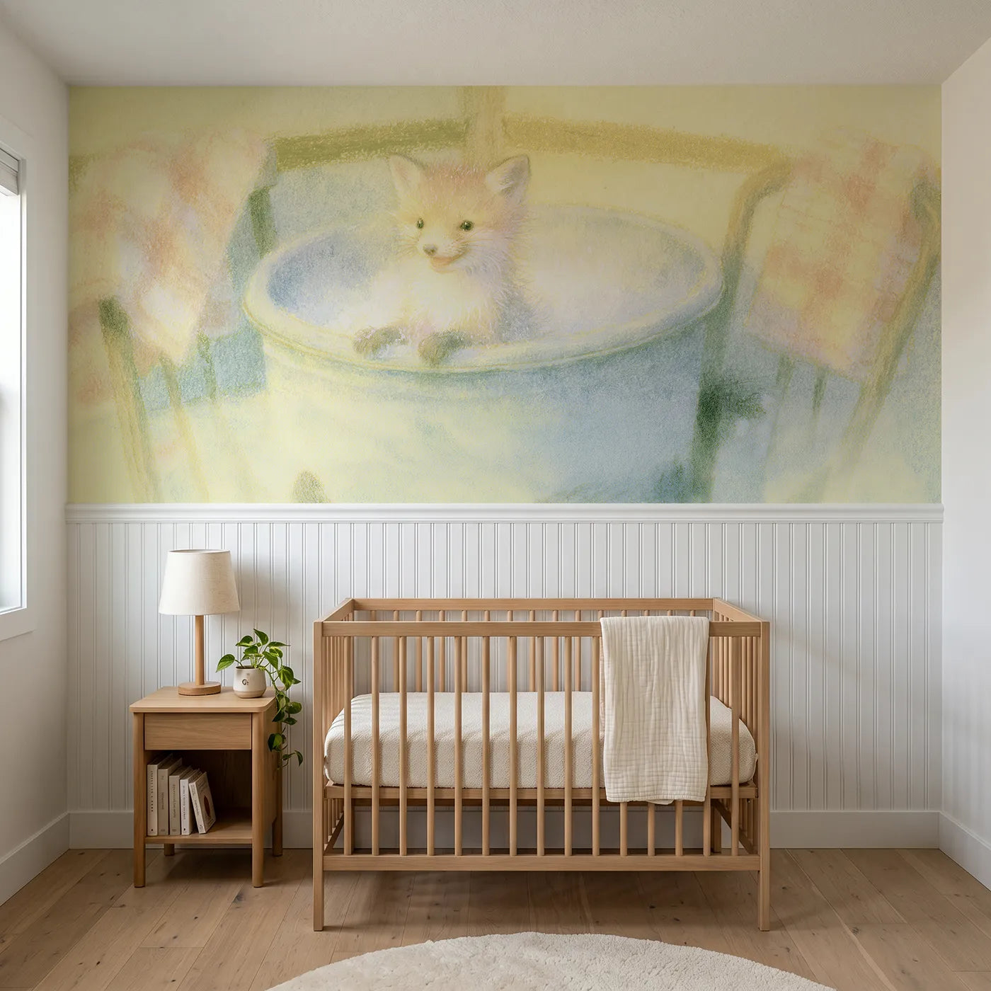 Soft pastel wainscoting wallpaper of Saturday bath night by Whimsy Tots