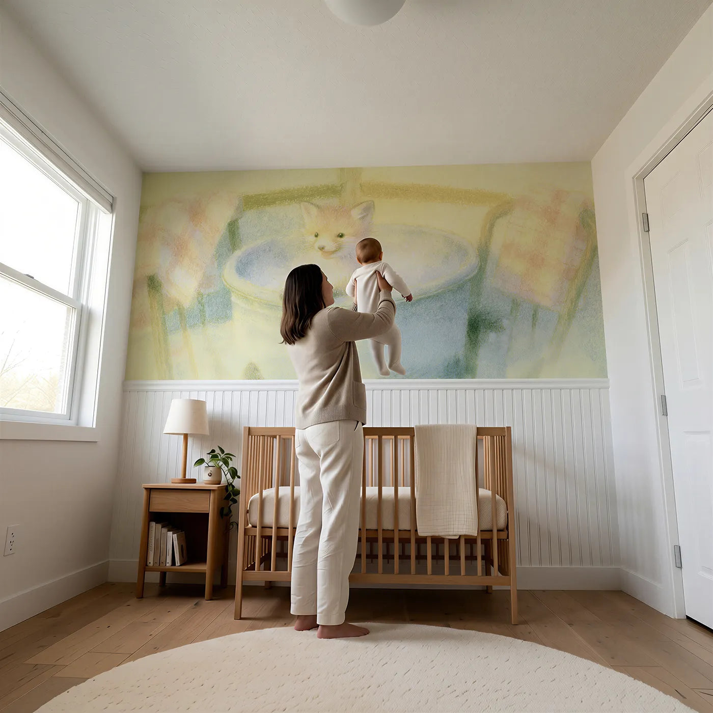 Child reading near Saturday Bath Night Wainscoting Wallpaper by Whimsy Tots