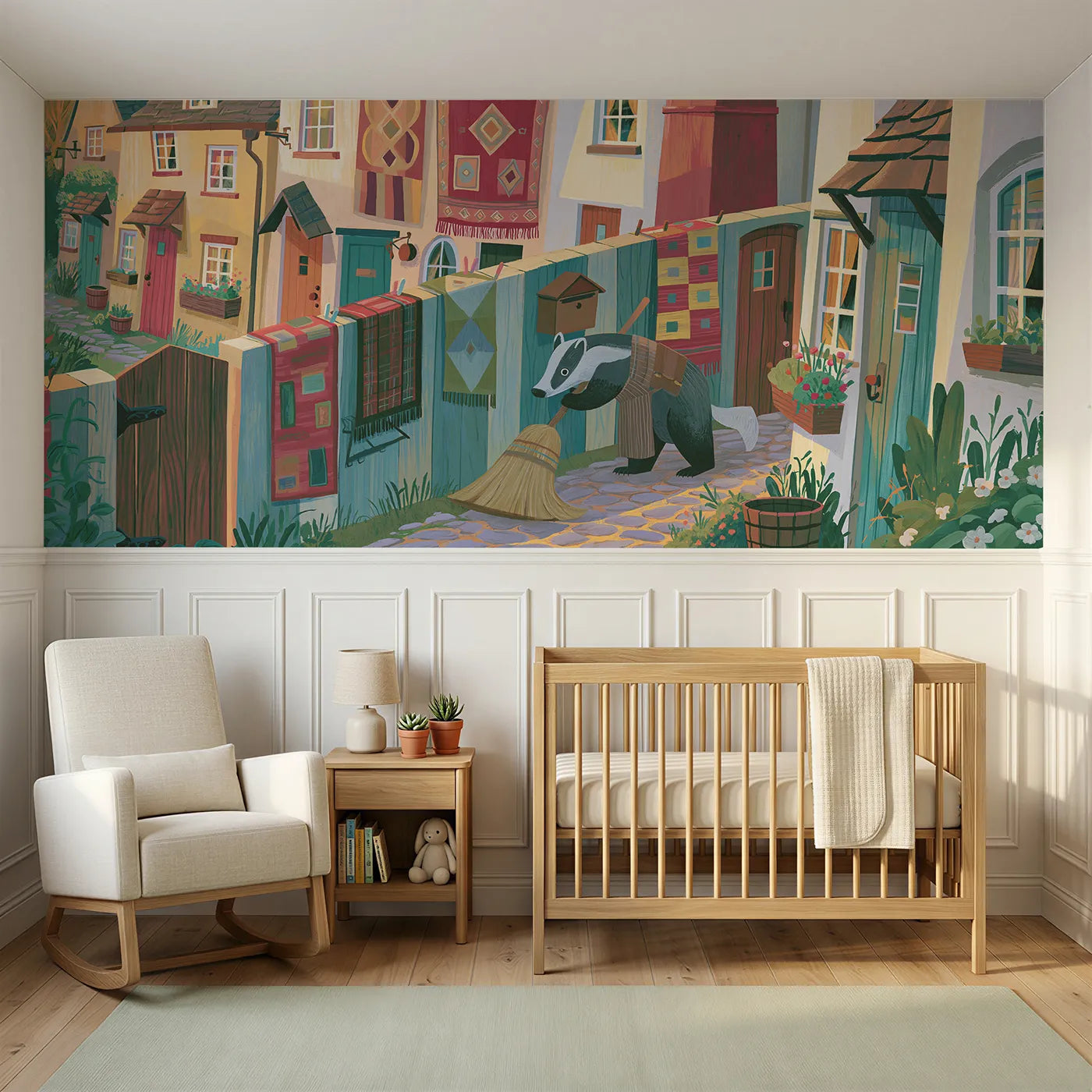 Modern illustration wainscoting wallpaper of the spring cleaning by Whimsy Tots