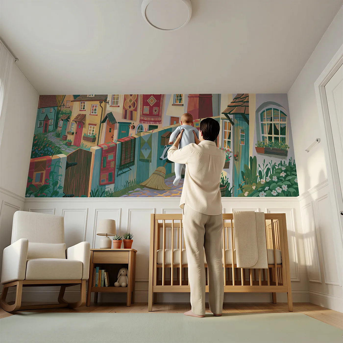 Child reading near The Spring Cleaning Wainscoting Wallpaper by Whimsy Tots