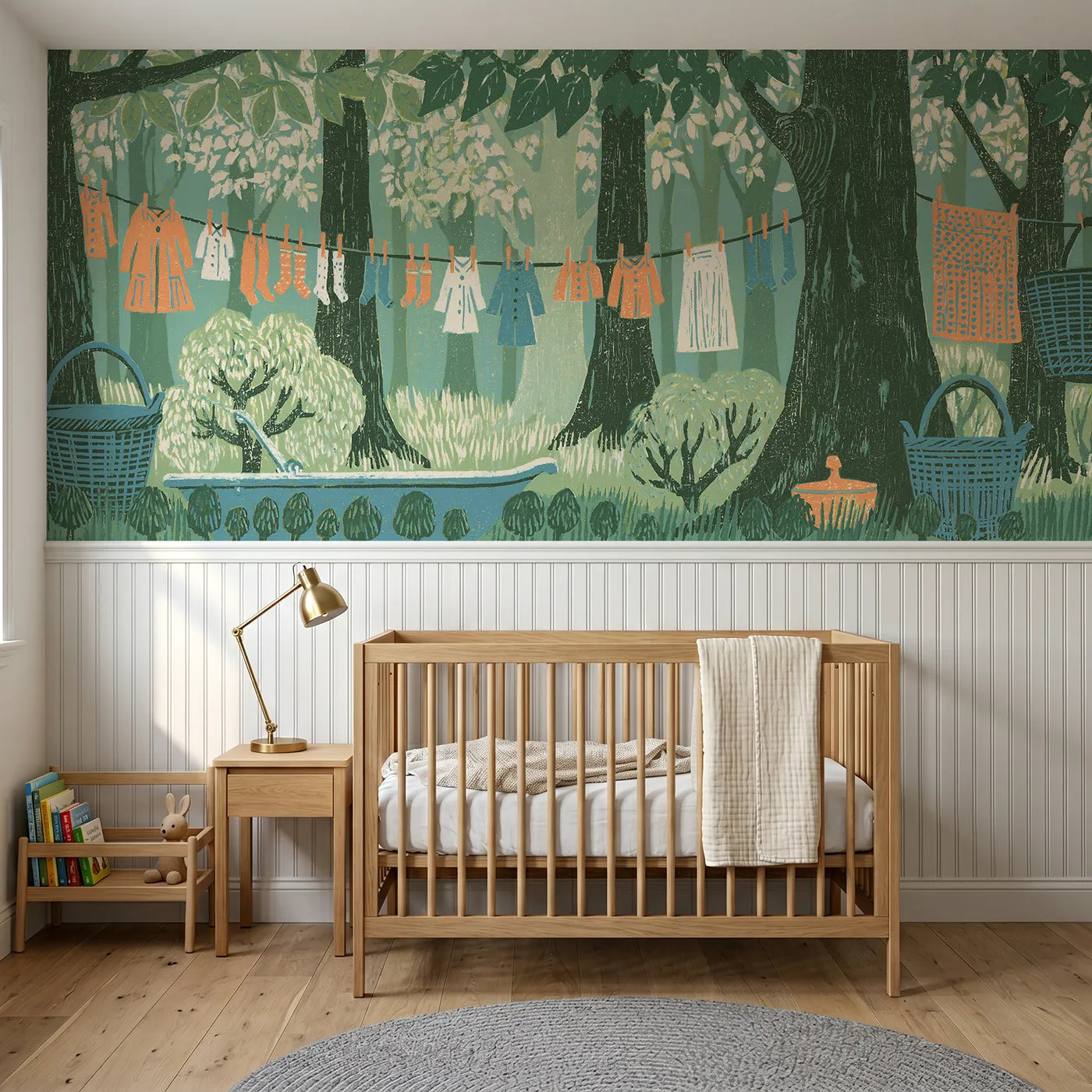 Block print wainscoting wallpaper of washing day in the wood by Whimsy Tots
