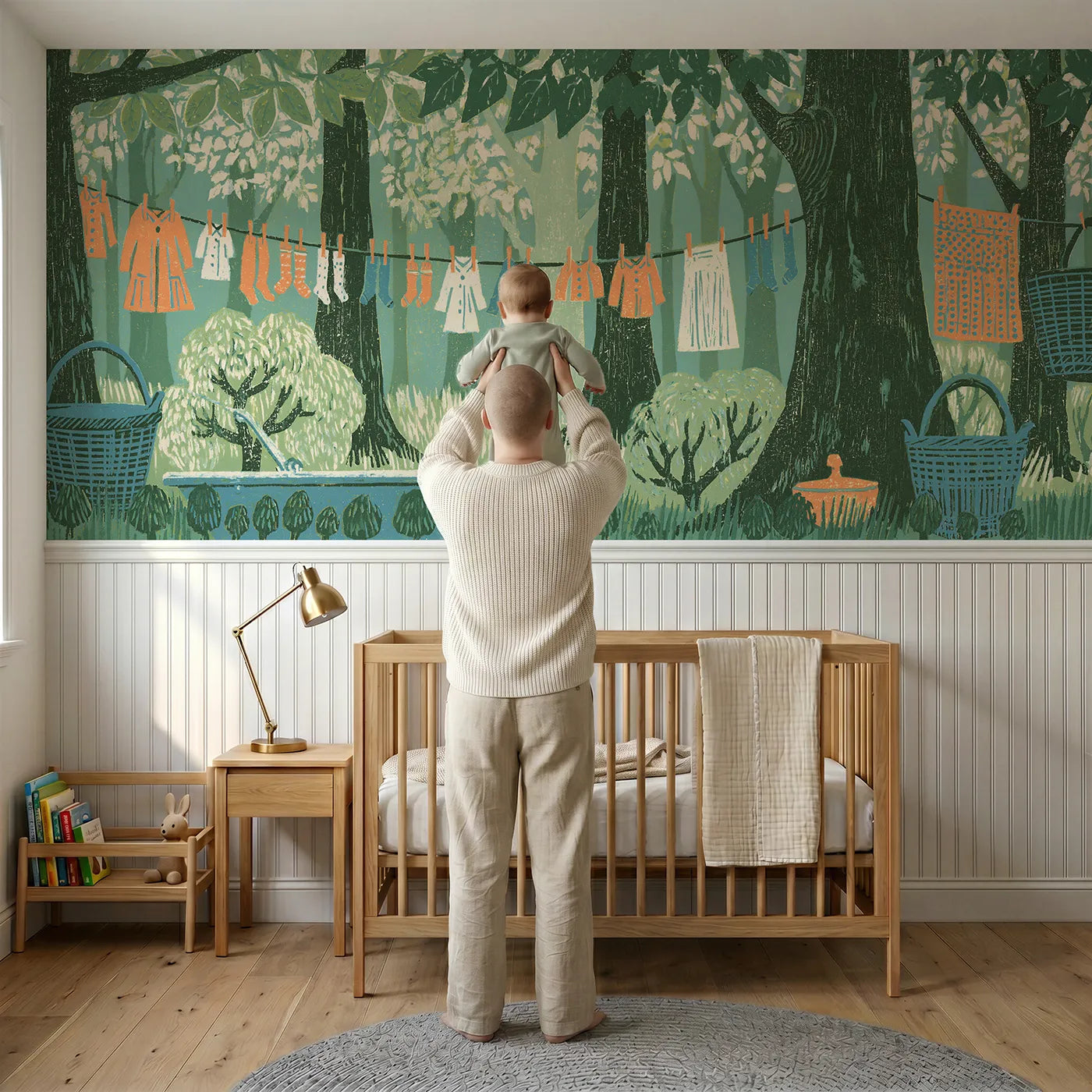 Child reading near Washing Day In The Wood Wainscoting Wallpaper by Whimsy Tots