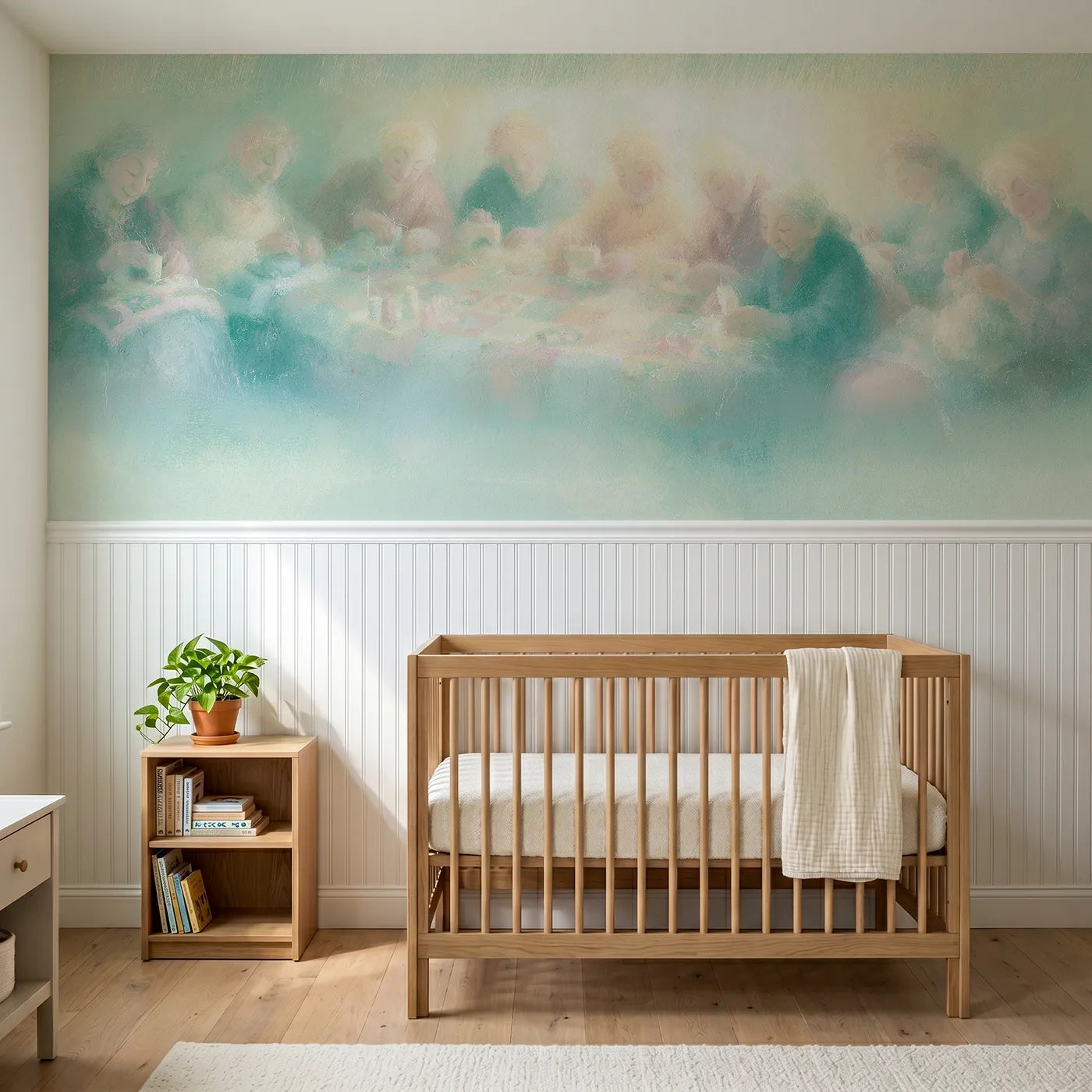 Soft pastel wainscoting wallpaper of the patchwork quilt by Whimsy Tots