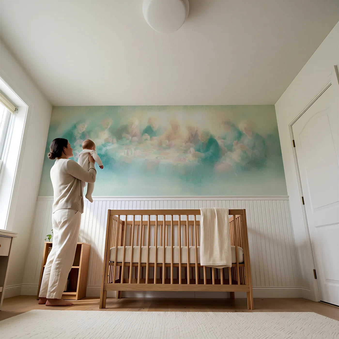 Child reading near The Patchwork Quilt Wainscoting Wallpaper by Whimsy Tots