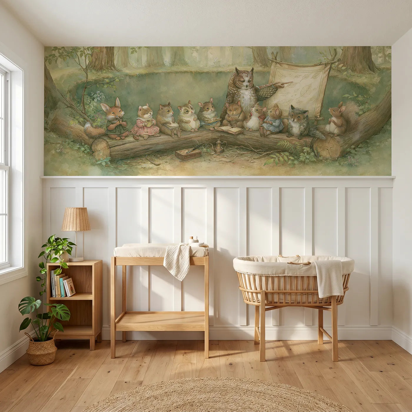 Storybook wainscoting wallpaper of the forest school by Whimsy Tots