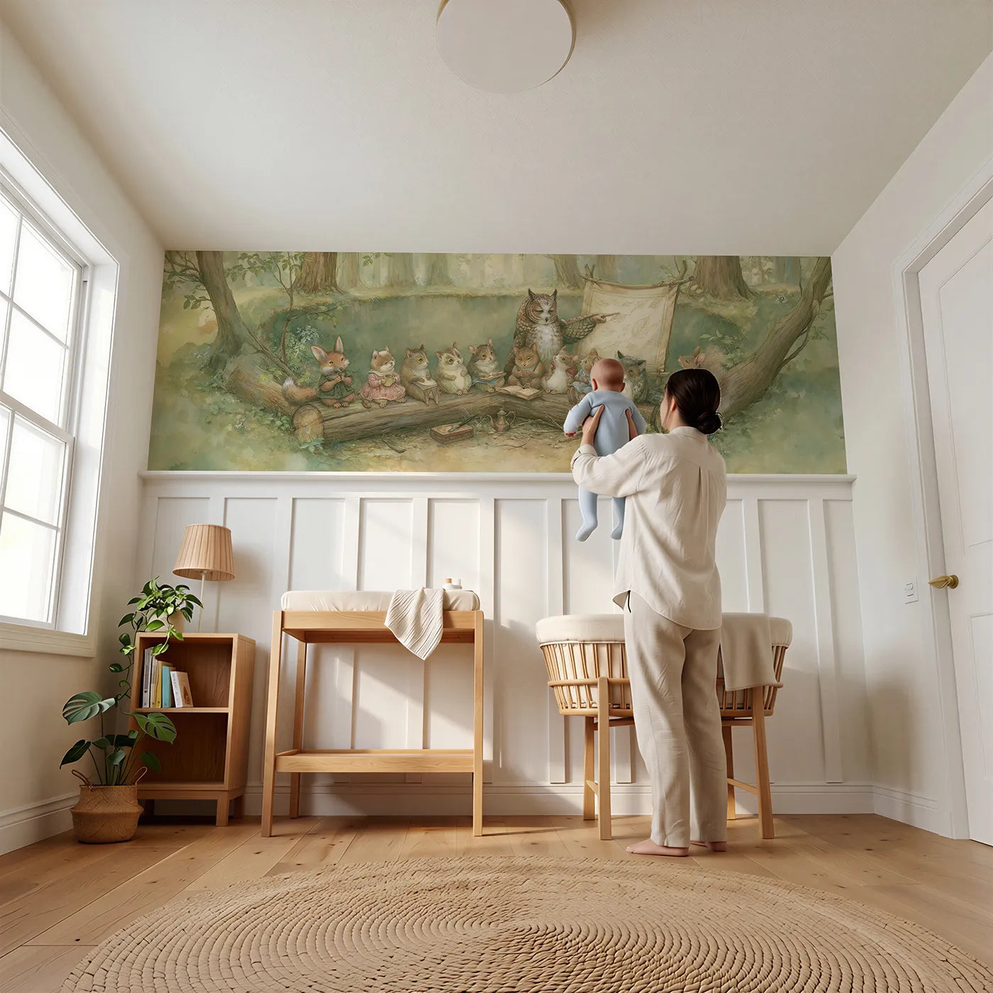Child reading near The Forest School Wainscoting Wallpaper by Whimsy Tots