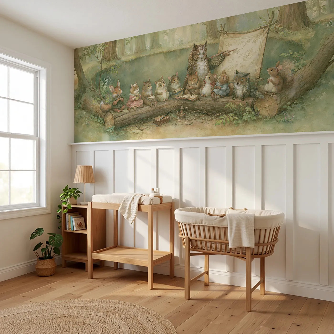 The Forest School Wainscoting Wallpaper styled in a kids room by Whimsy Tots