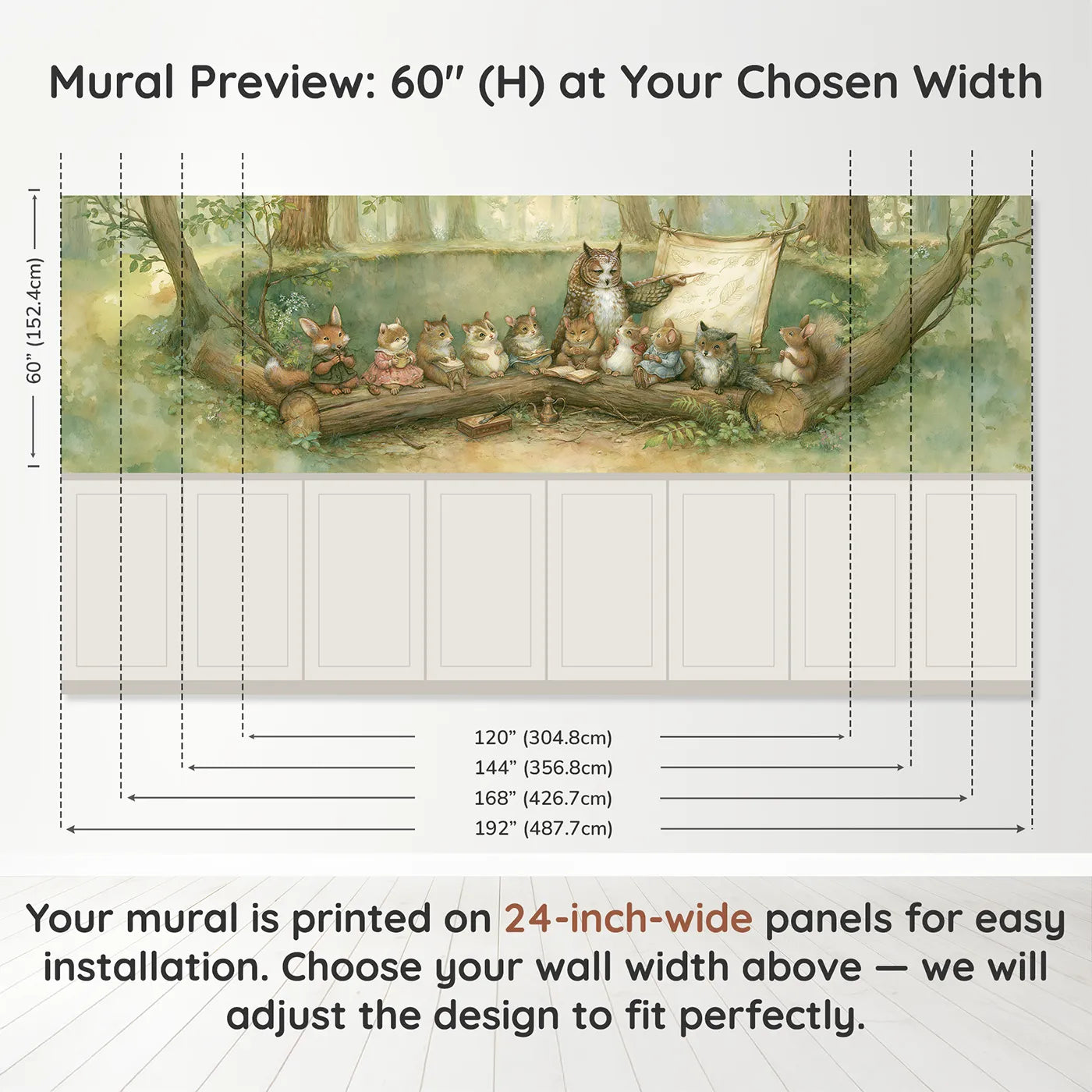 Panel dimensions for The Forest School Wainscoting Wallpaper by Whimsy Tots