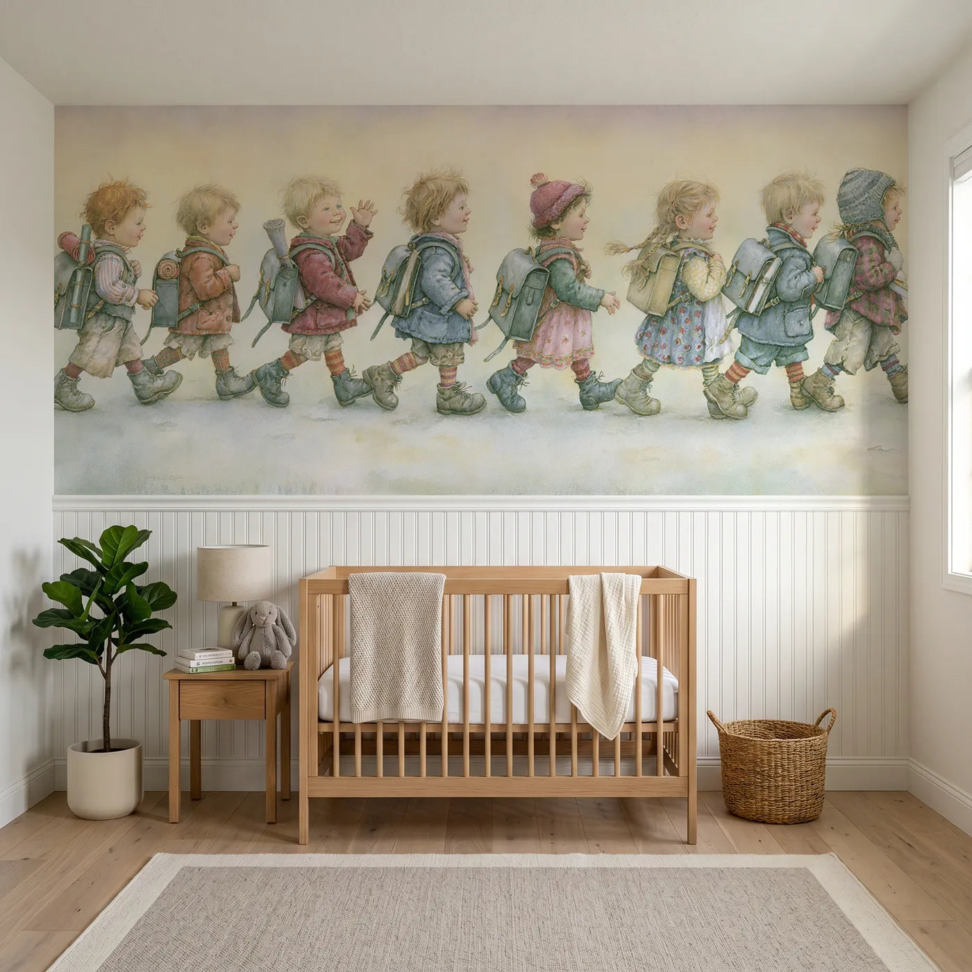 Storybook wainscoting wallpaper of first day of school by Whimsy Tots