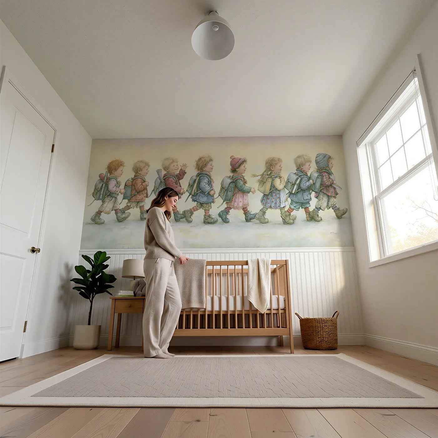 Child reading near First Day Of School Wainscoting Wallpaper by Whimsy Tots