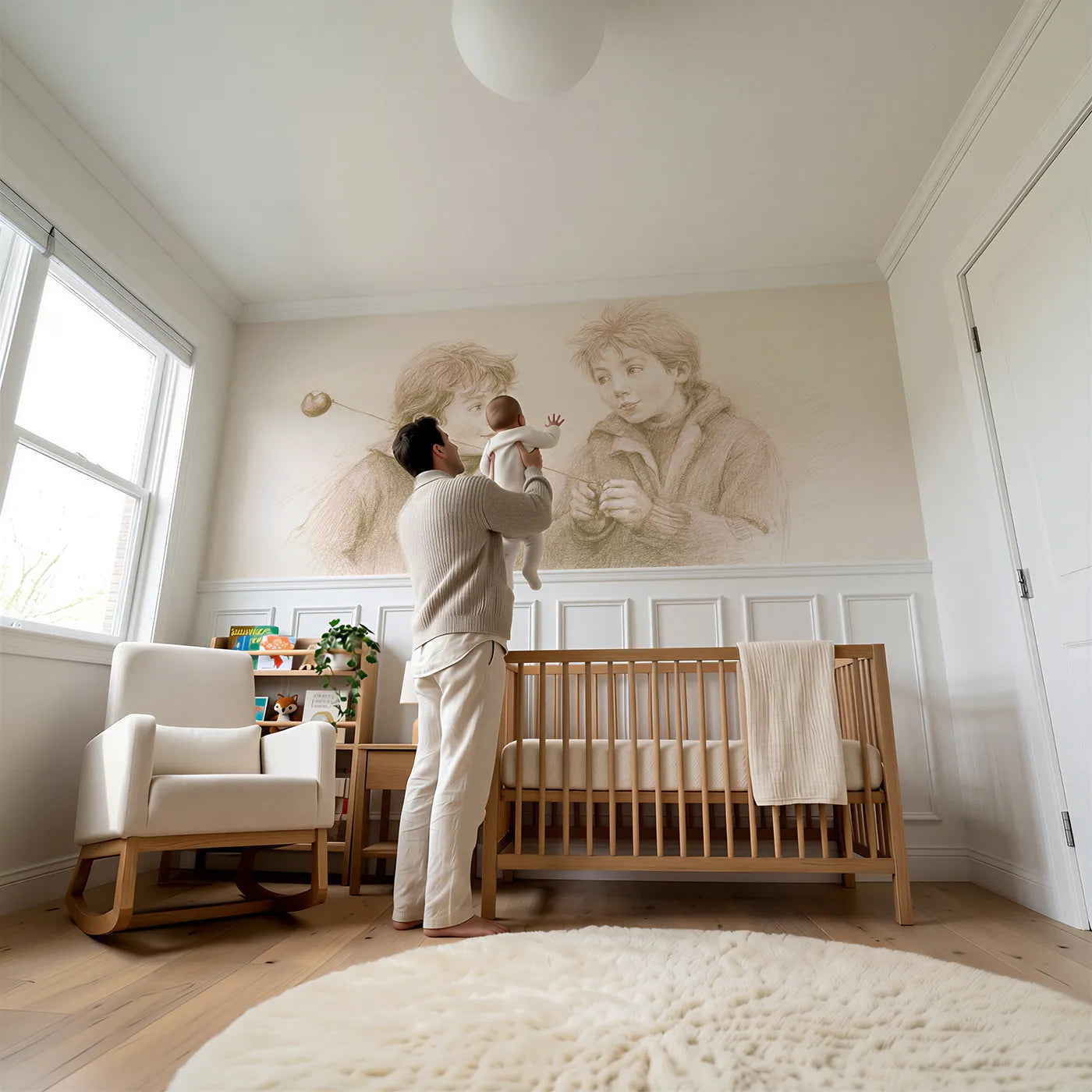 Child reading near The Conker Match Wainscoting Wallpaper by Whimsy Tots