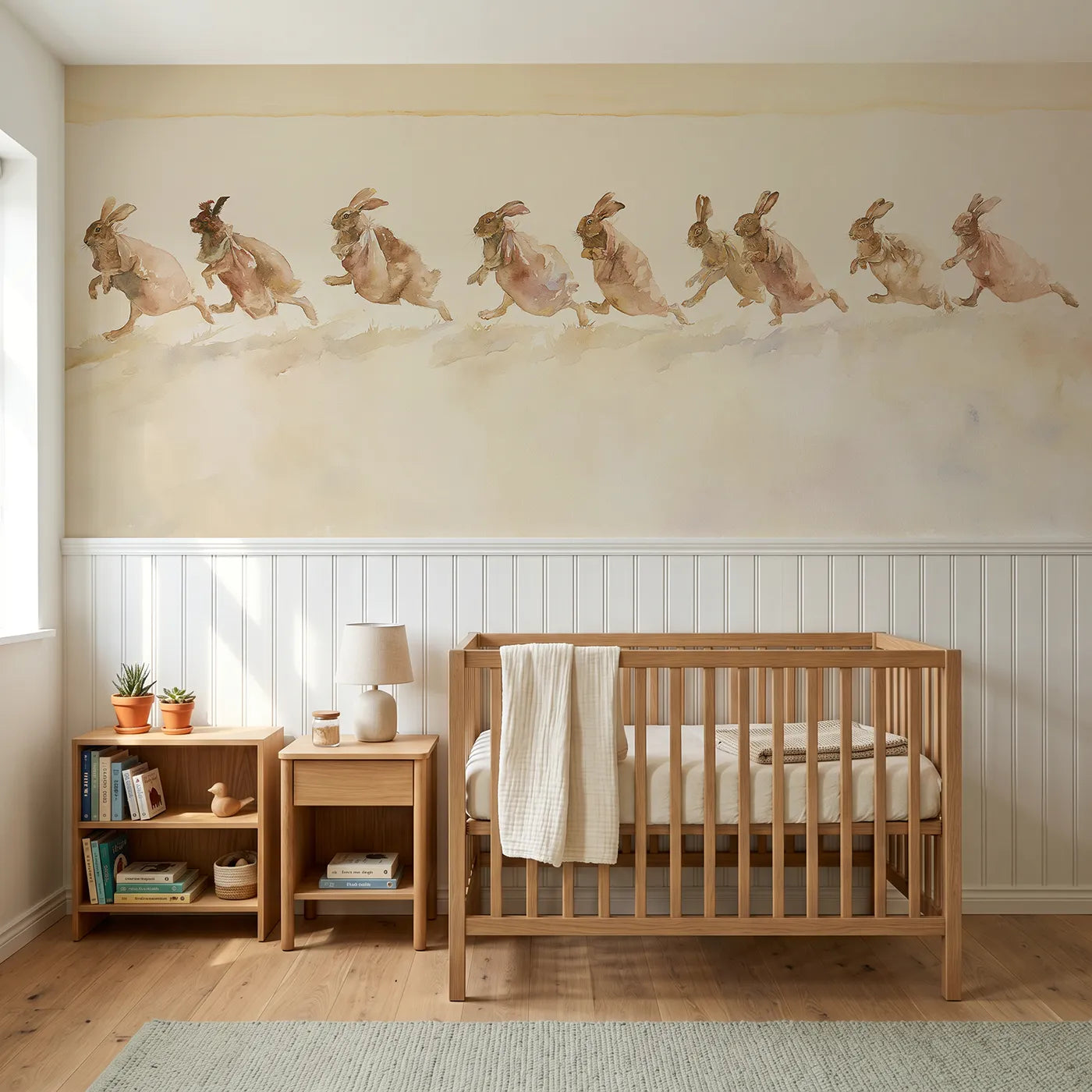 Watercolor wainscoting wallpaper of the sack race by Whimsy Tots