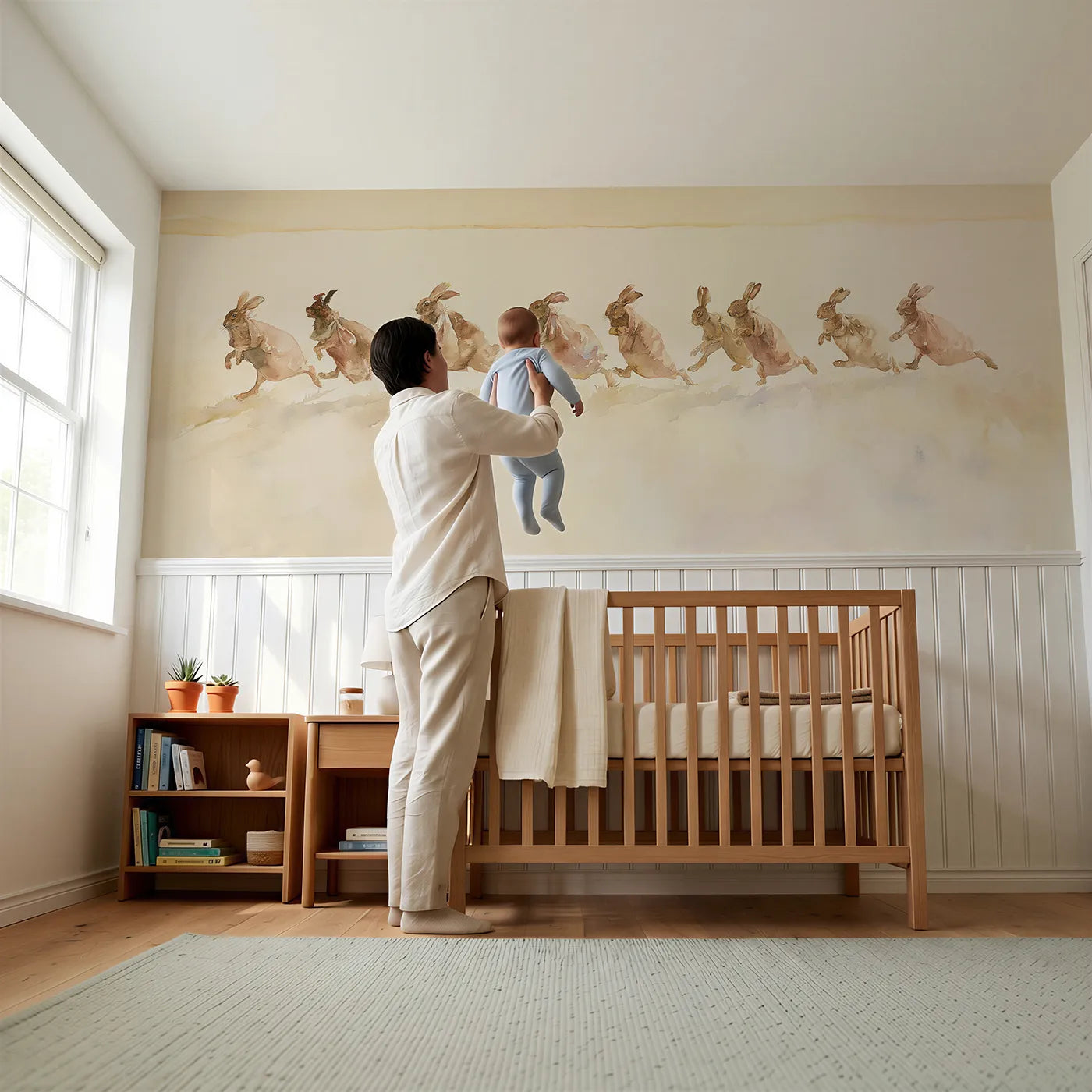 Child reading near The Sack Race Wainscoting Wallpaper by Whimsy Tots
