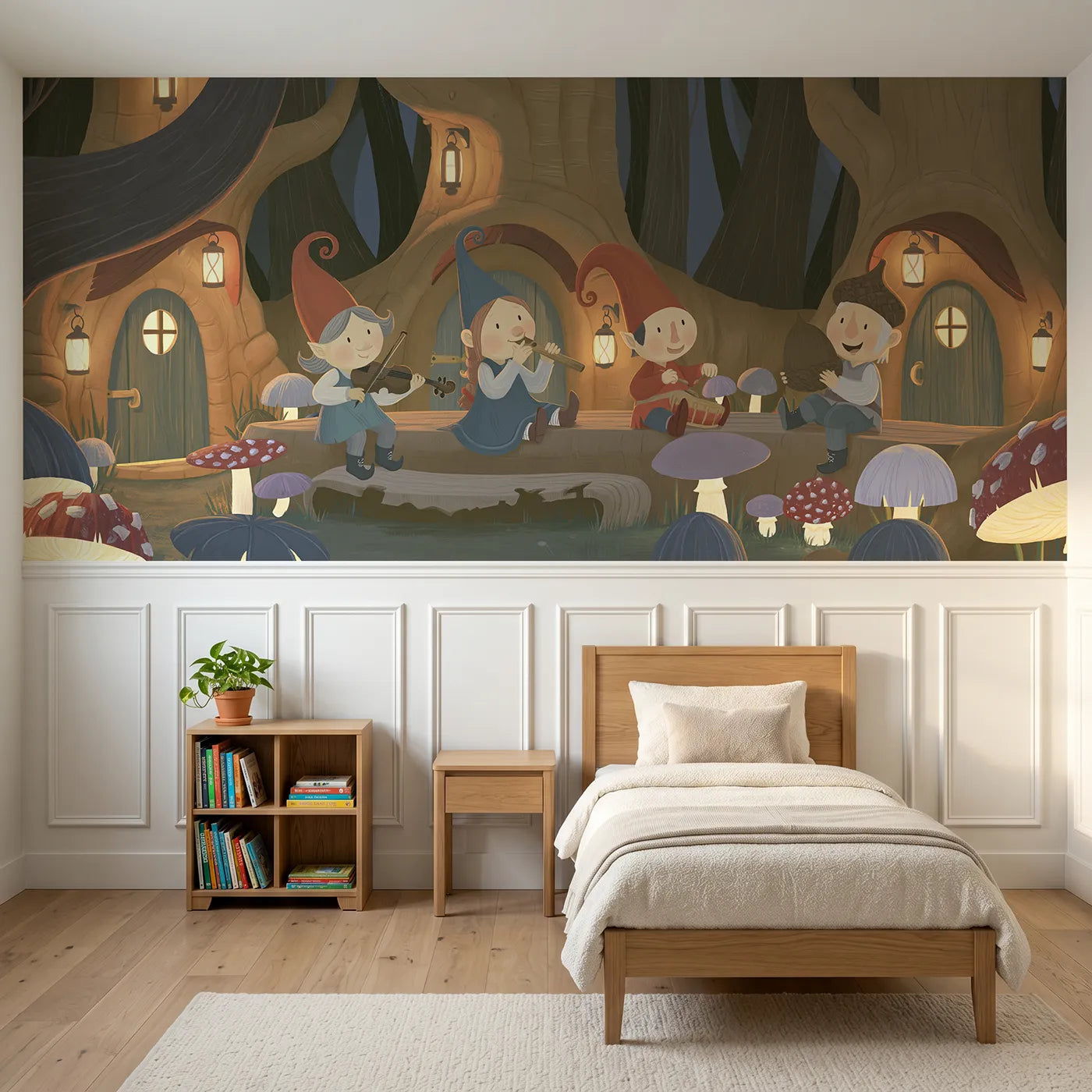 Modern illustration wainscoting wallpaper of the acorn band by Whimsy Tots