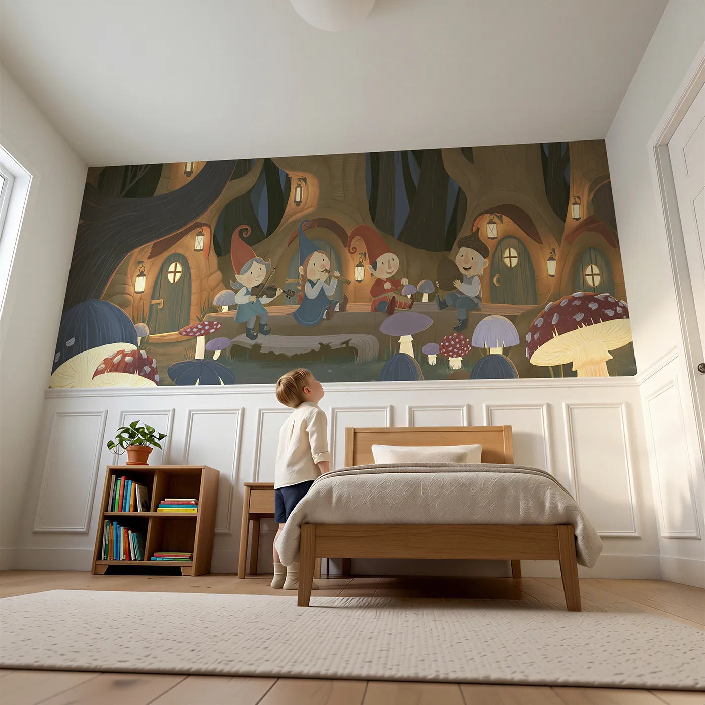 Child reading near The Acorn Band Wainscoting Wallpaper by Whimsy Tots
