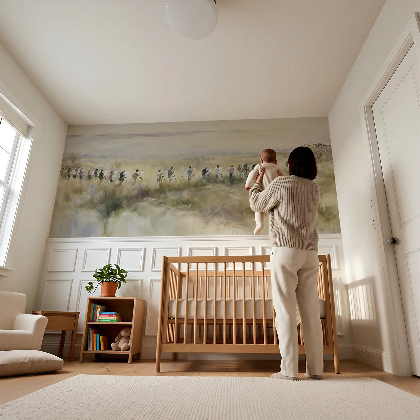 Child reading near The Painting Class Wainscoting Wallpaper by Whimsy Tots