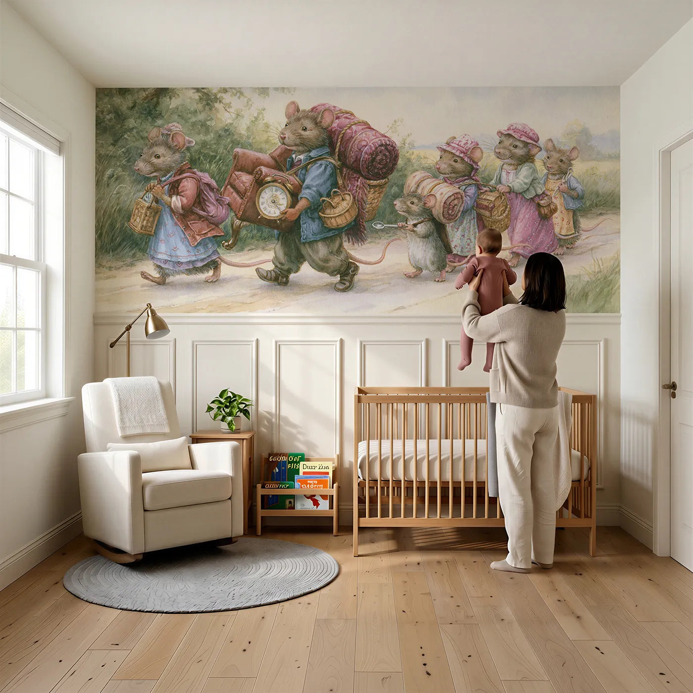 Child reading near The Great Moving Day Wainscoting Wallpaper by Whimsy Tots