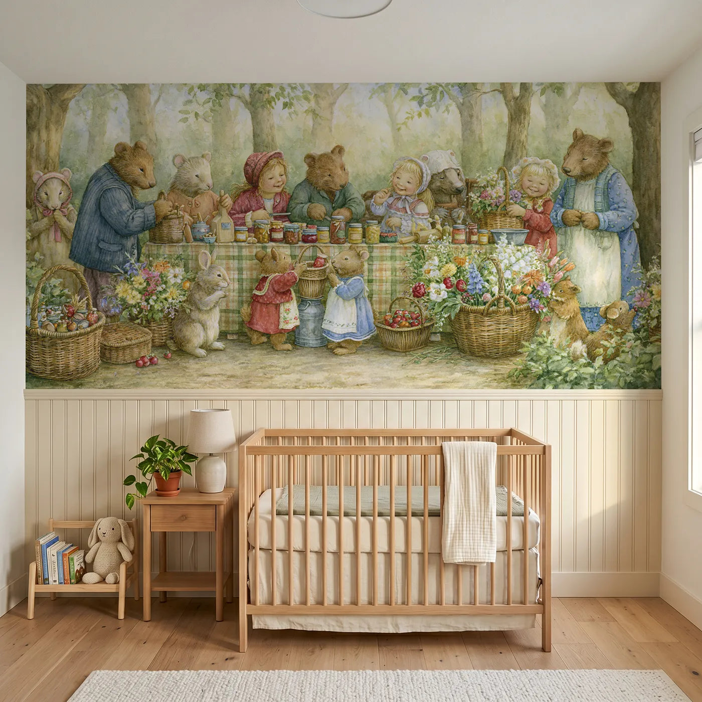 Storybook wainscoting wallpaper of the woodland market by Whimsy Tots