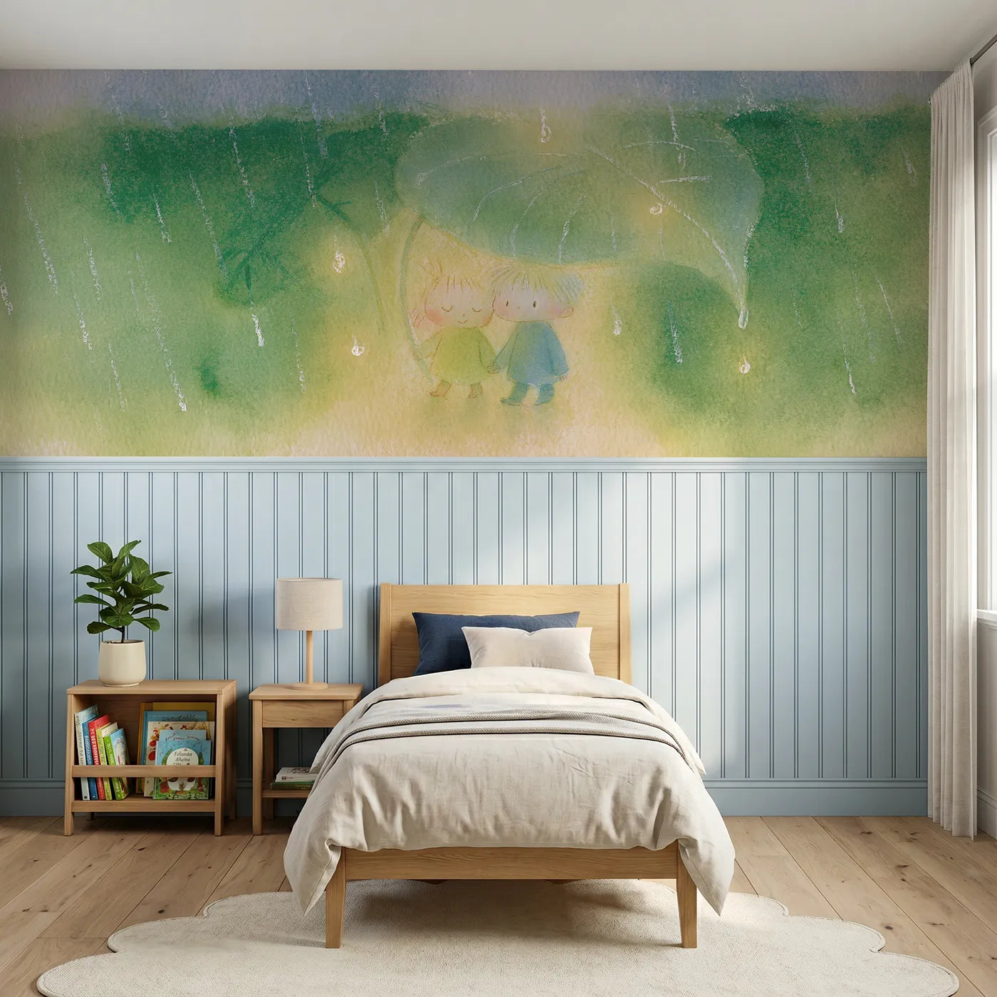 Soft pastel wainscoting wallpaper of the umbrella walk by Whimsy Tots