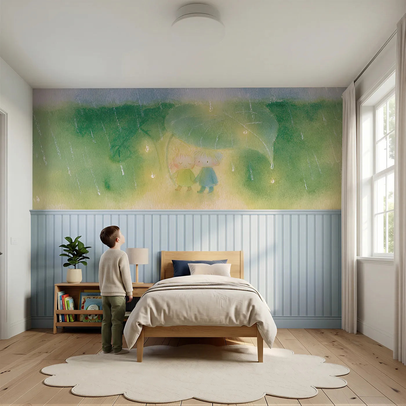Child reading near The Umbrella Walk Wainscoting Wallpaper by Whimsy Tots