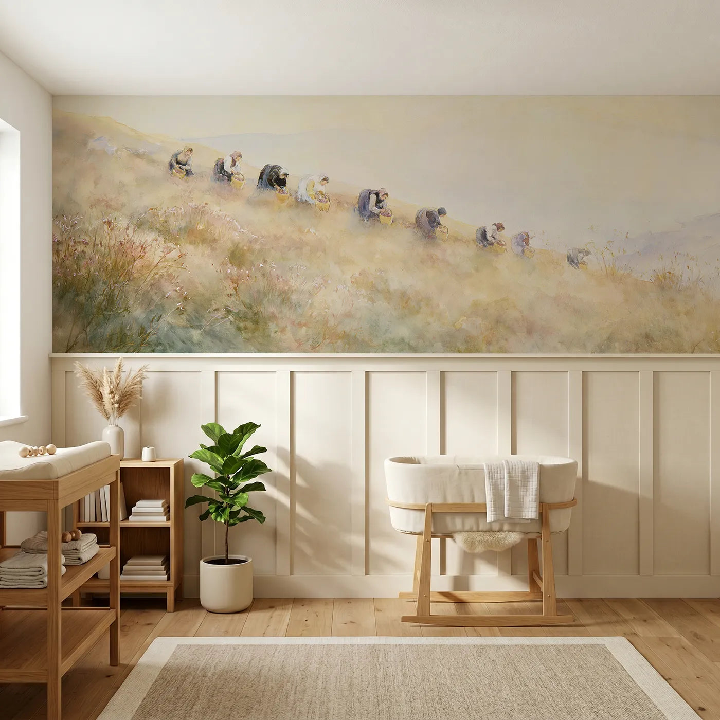 Watercolor wainscoting wallpaper of the bilberry picking by Whimsy Tots