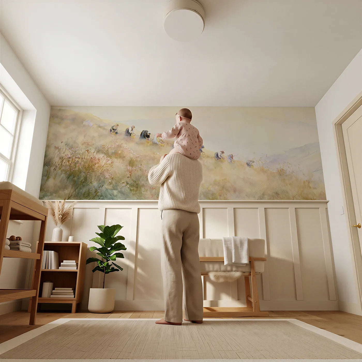 Child reading near The Bilberry Picking Wainscoting Wallpaper by Whimsy Tots