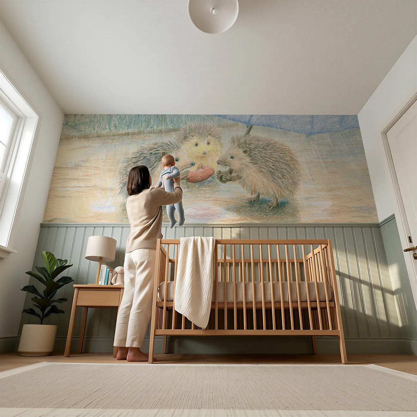Child reading near The Found Mitten Wainscoting Wallpaper by Whimsy Tots