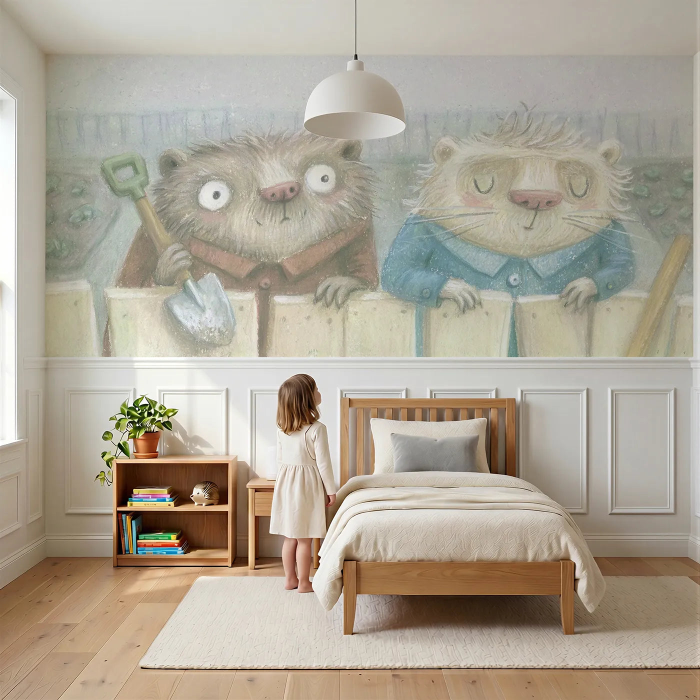Child reading near Over The Garden Fence Wainscoting Wallpaper by Whimsy Tots