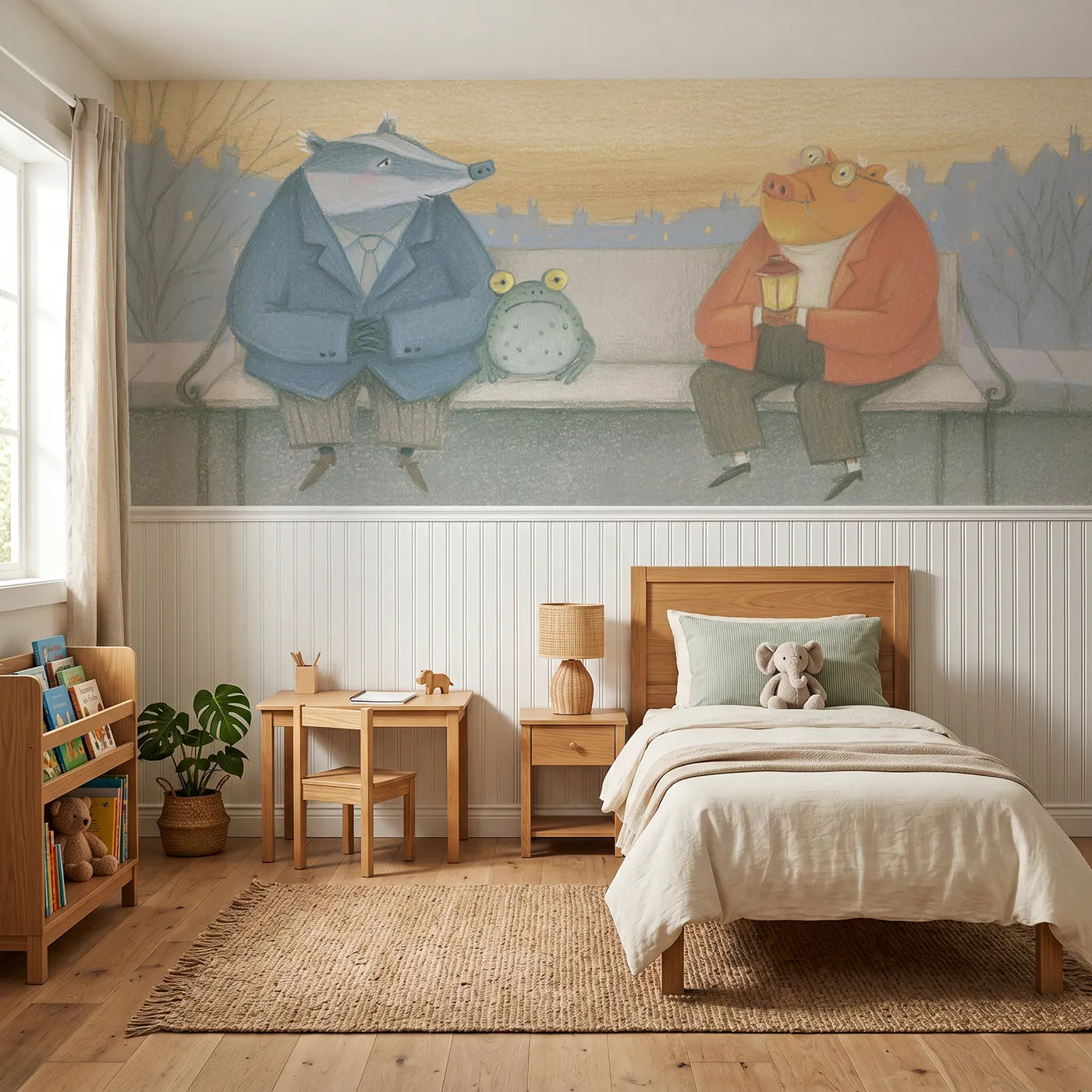 Colored pencil wainscoting wallpaper of the old friends bench by Whimsy Tots
