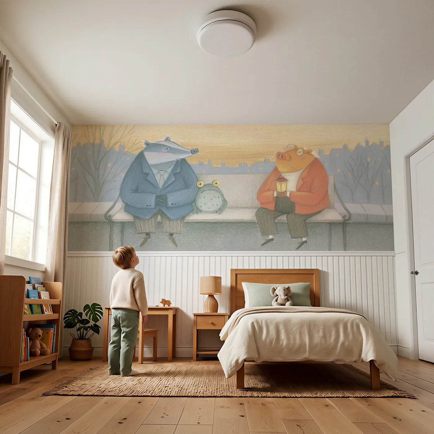 Child reading near The Old Friends Bench Wainscoting Wallpaper by Whimsy Tots