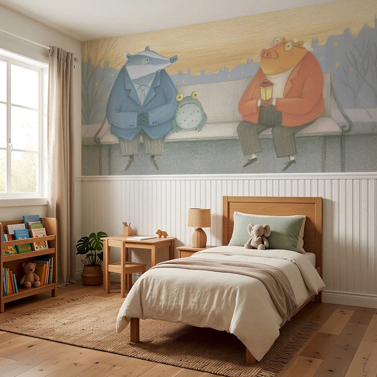 The Old Friends Bench Wainscoting Wallpaper styled in a kids room by Whimsy Tots