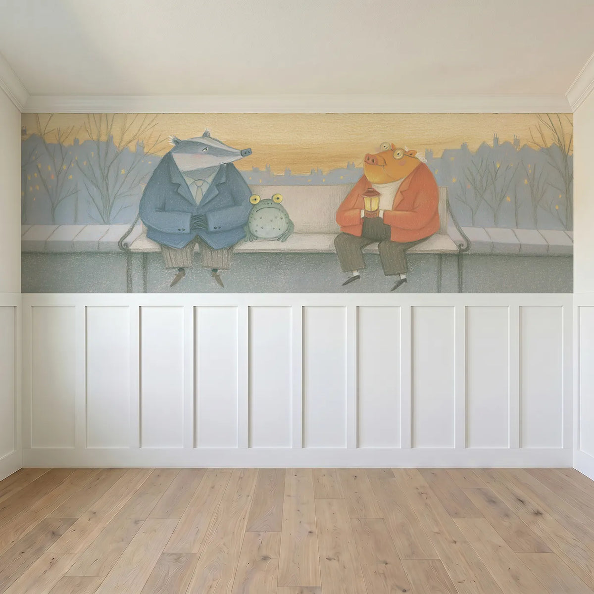 Full panel view of The Old Friends Bench Wainscoting Wallpaper by Whimsy Tots