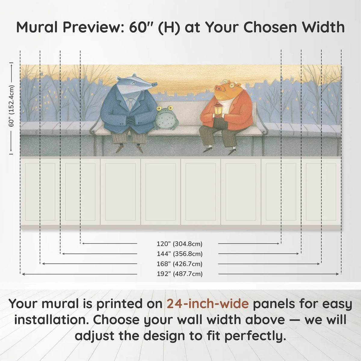 Panel dimensions for The Old Friends Bench Wainscoting Wallpaper by Whimsy Tots