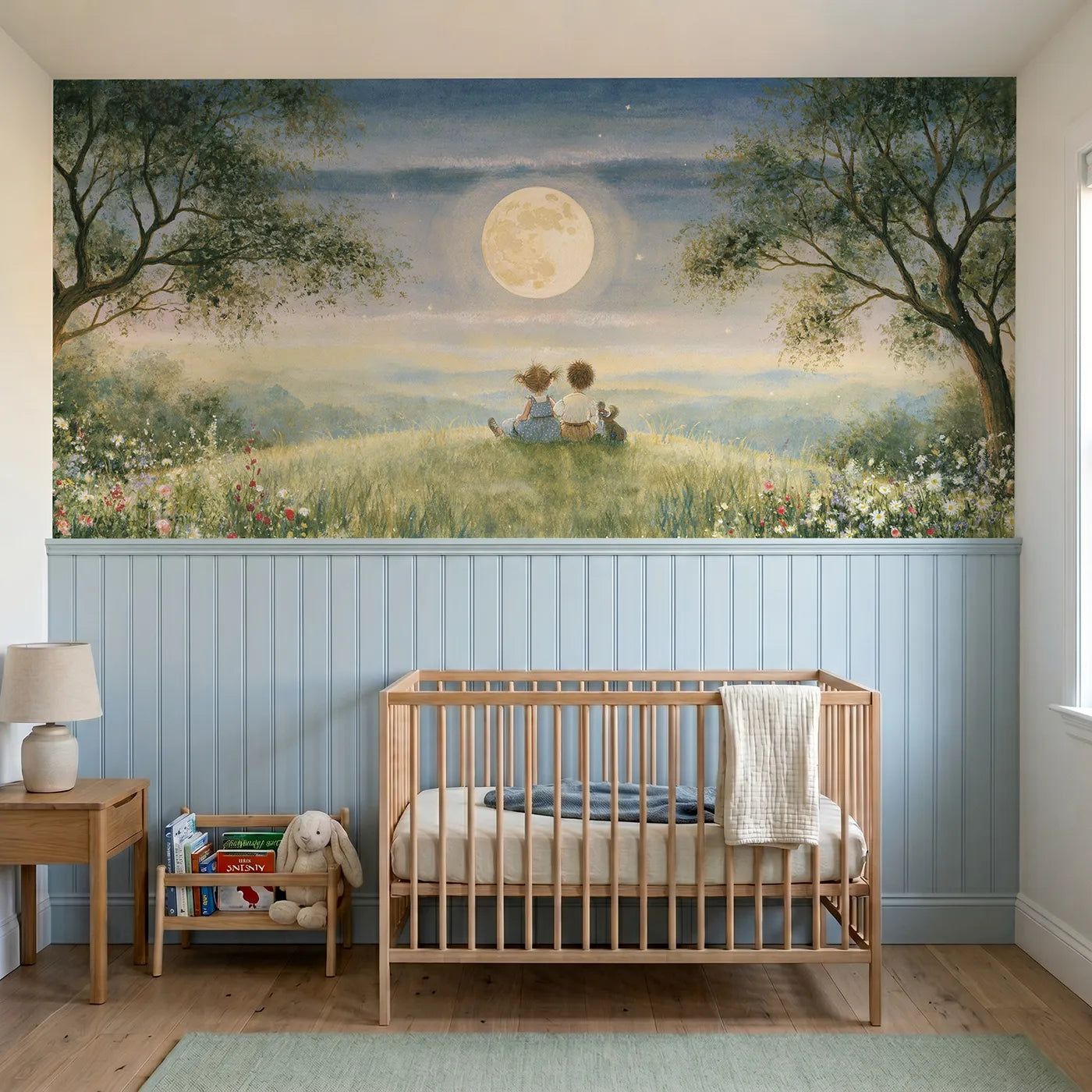 Watercolor wainscoting wallpaper of the moonrise watchers by Whimsy Tots