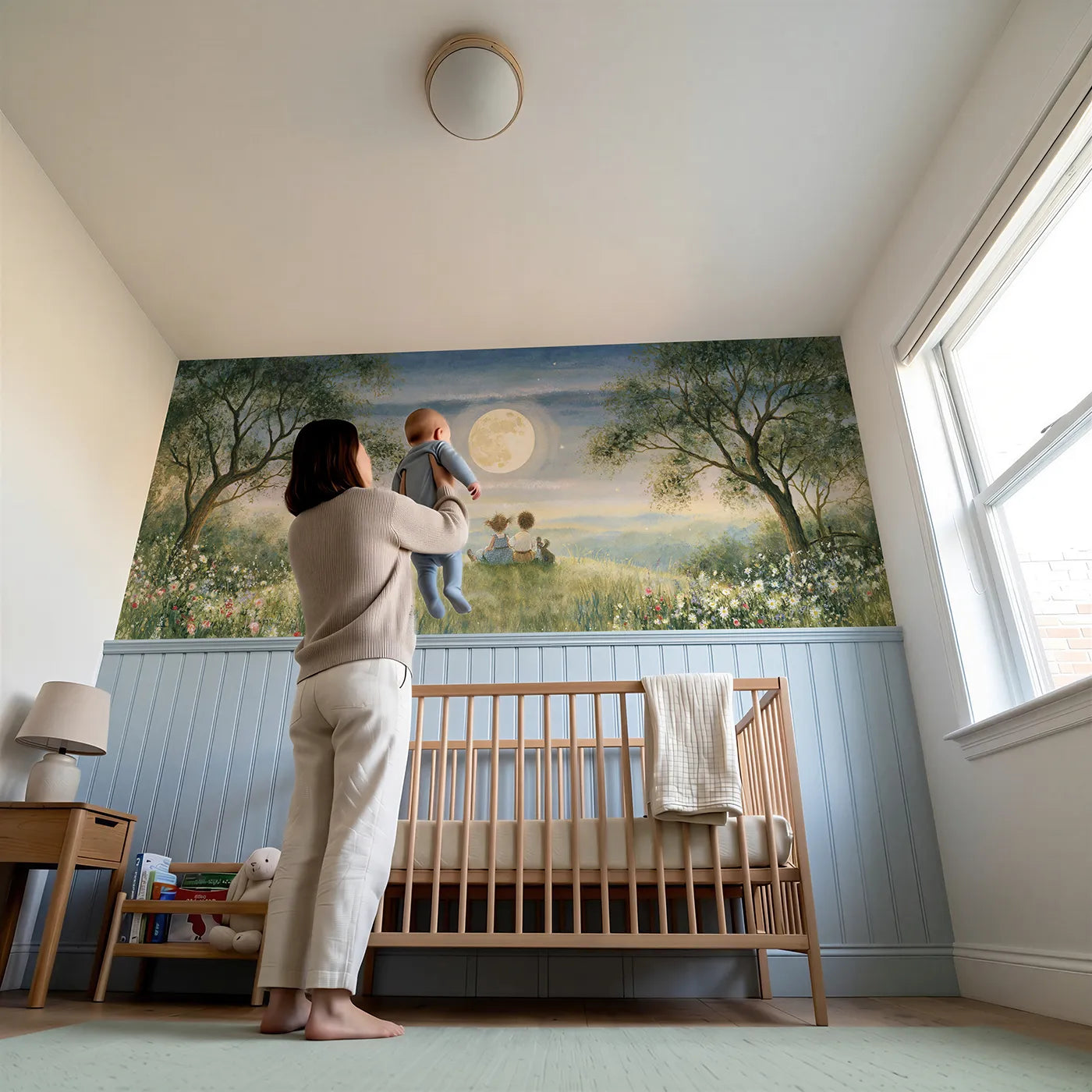 Child reading near The Moonrise Watchers Wainscoting Wallpaper by Whimsy Tots
