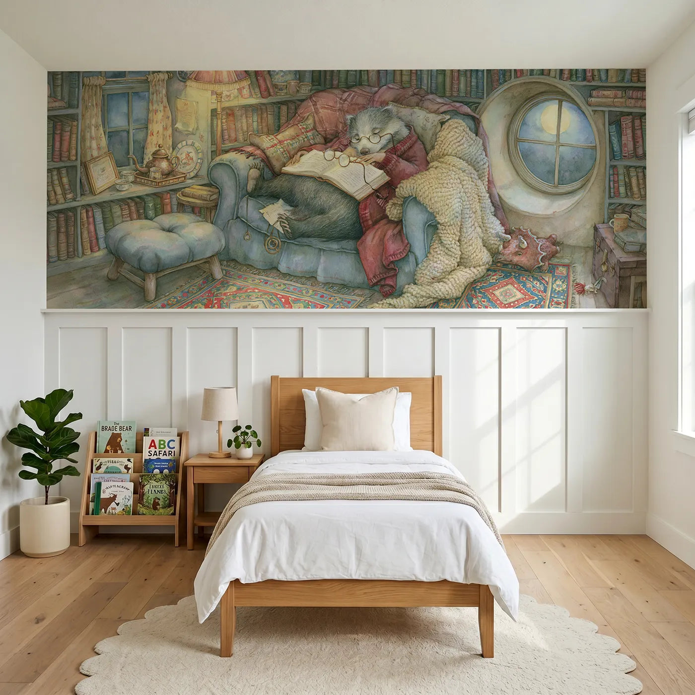 Storybook wainscoting wallpaper of asleep in the armchair by Whimsy Tots