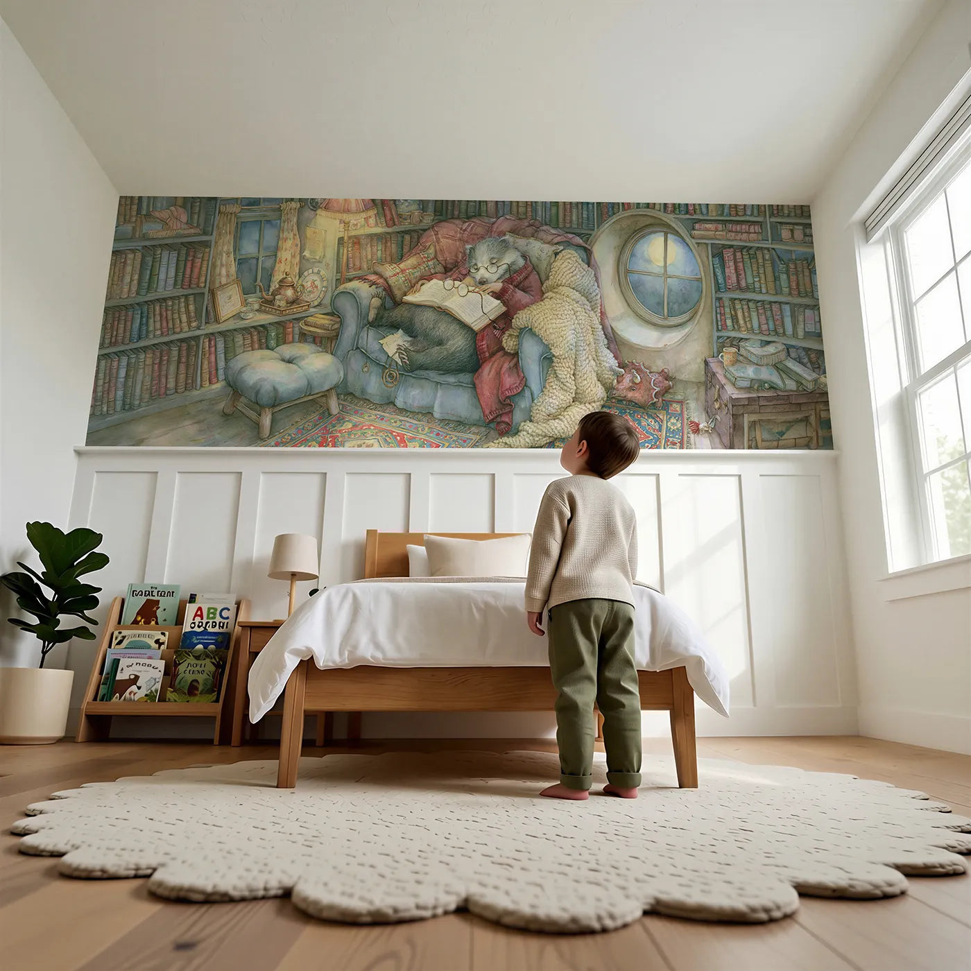 Child reading near Asleep In The Armchair Wainscoting Wallpaper by Whimsy Tots