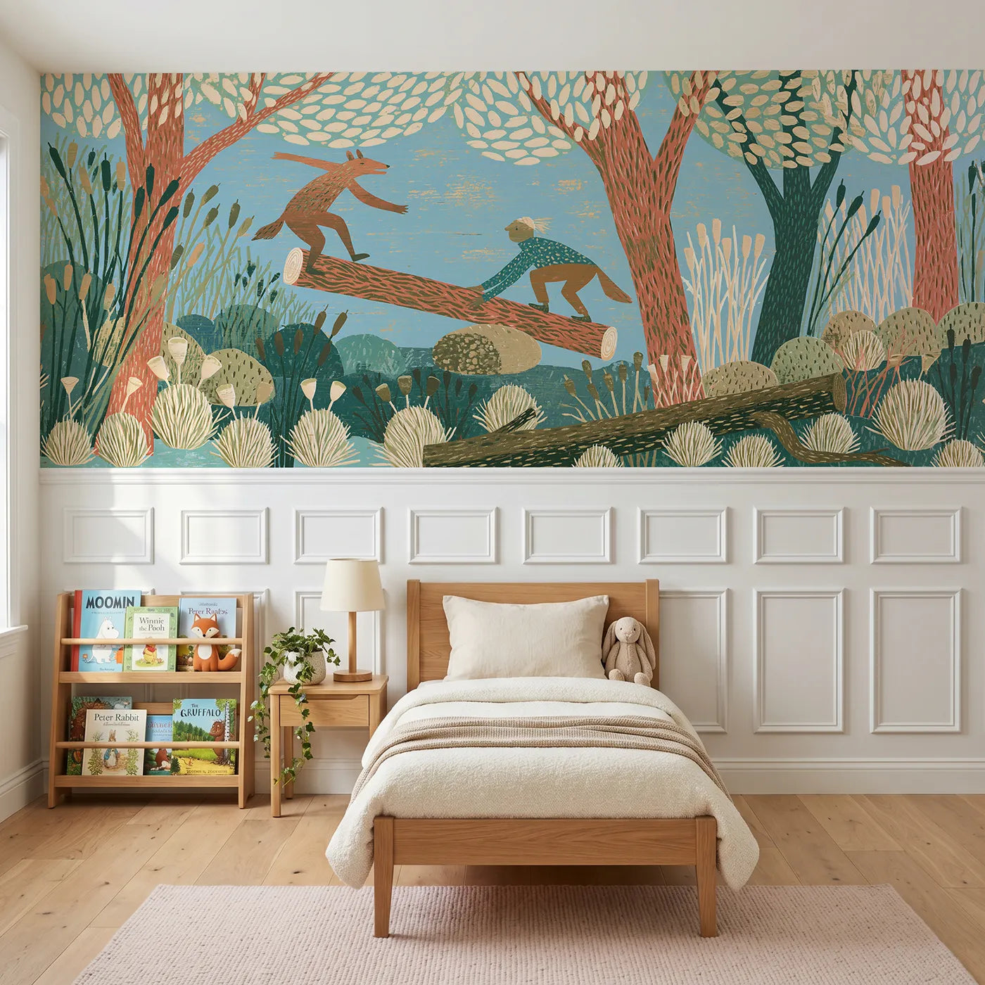 Block print wainscoting wallpaper of the seesaw log by Whimsy Tots