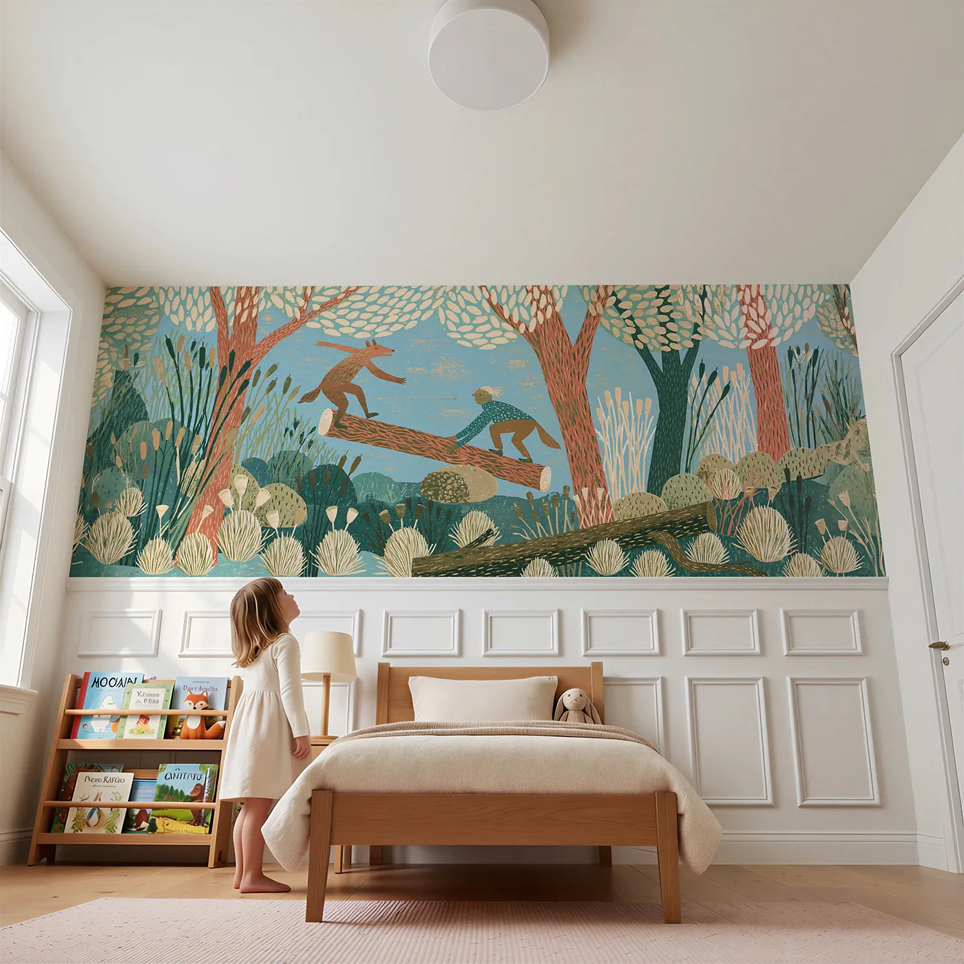 Child reading near The Seesaw Log Wainscoting Wallpaper by Whimsy Tots