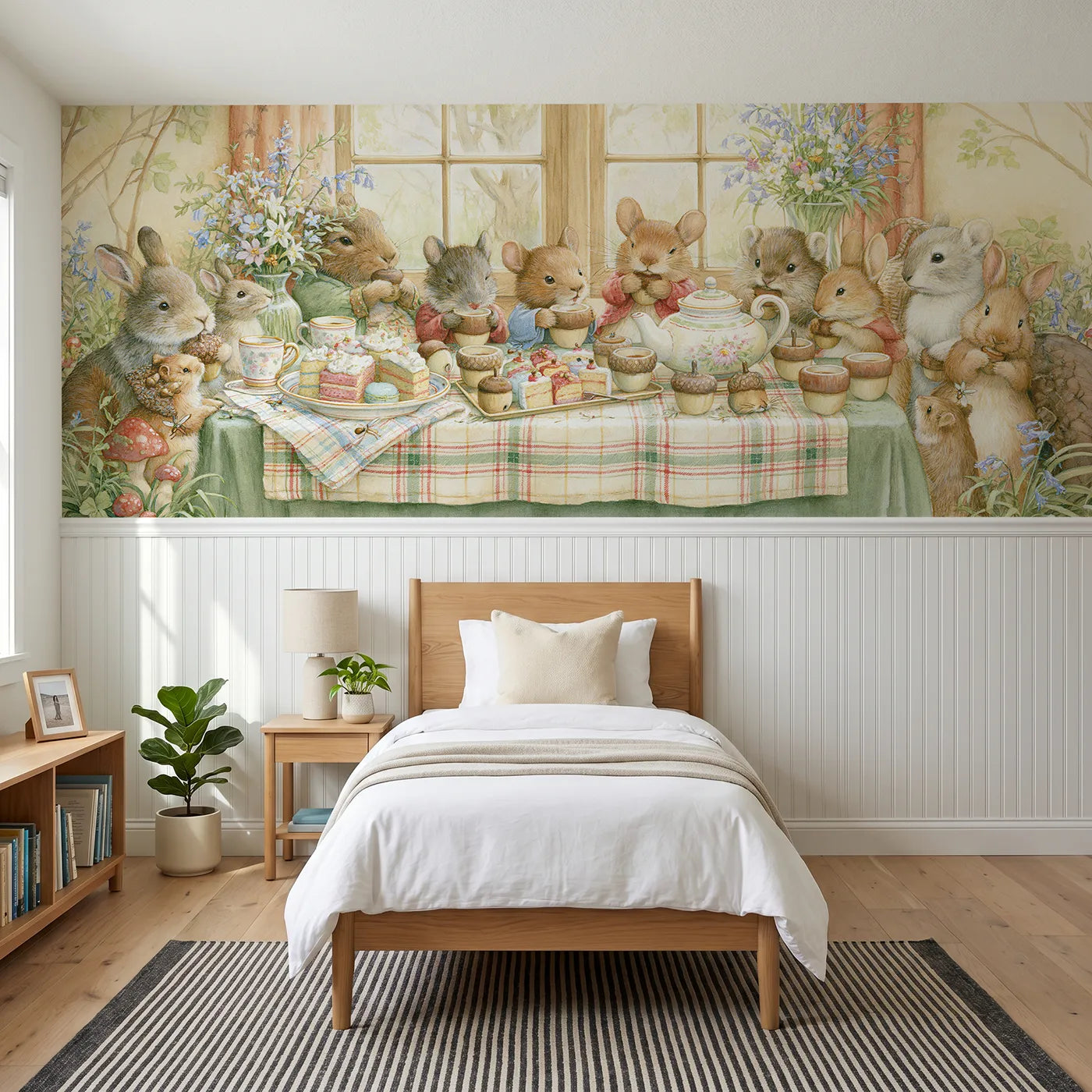 Storybook wainscoting wallpaper of tea in the burrow by Whimsy Tots