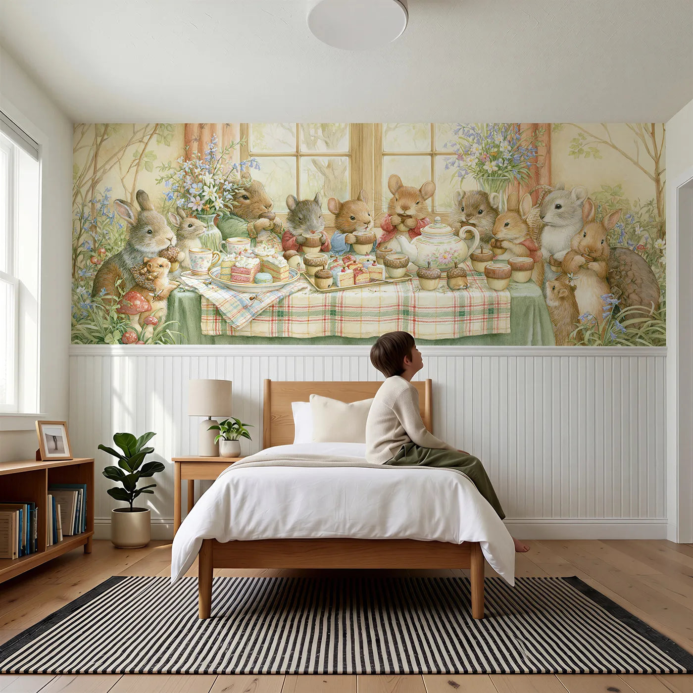 Child reading near Tea In The Burrow Wainscoting Wallpaper by Whimsy Tots