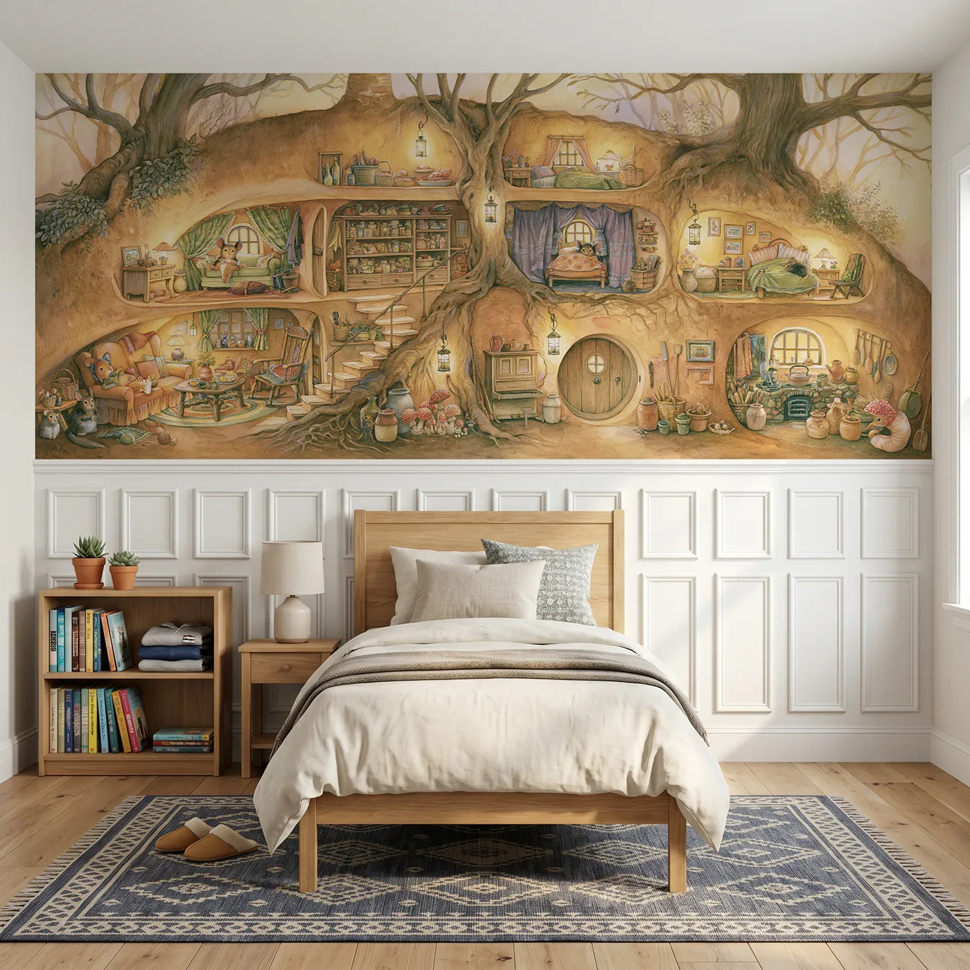 Storybook wainscoting wallpaper of the cozy burrow home by Whimsy Tots
