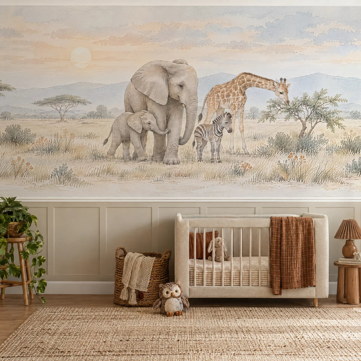 Watercolor wainscoting wallpaper of elephants and a giraffe on the savanna, above the chair rail in a styled room, by Whimsy Tots