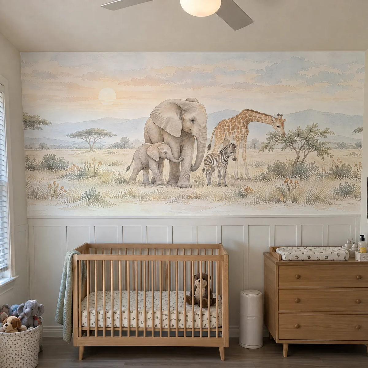 Watercolor wainscoting wallpaper of elephants and a giraffe on the savanna, in a room photo, by Whimsy Tots