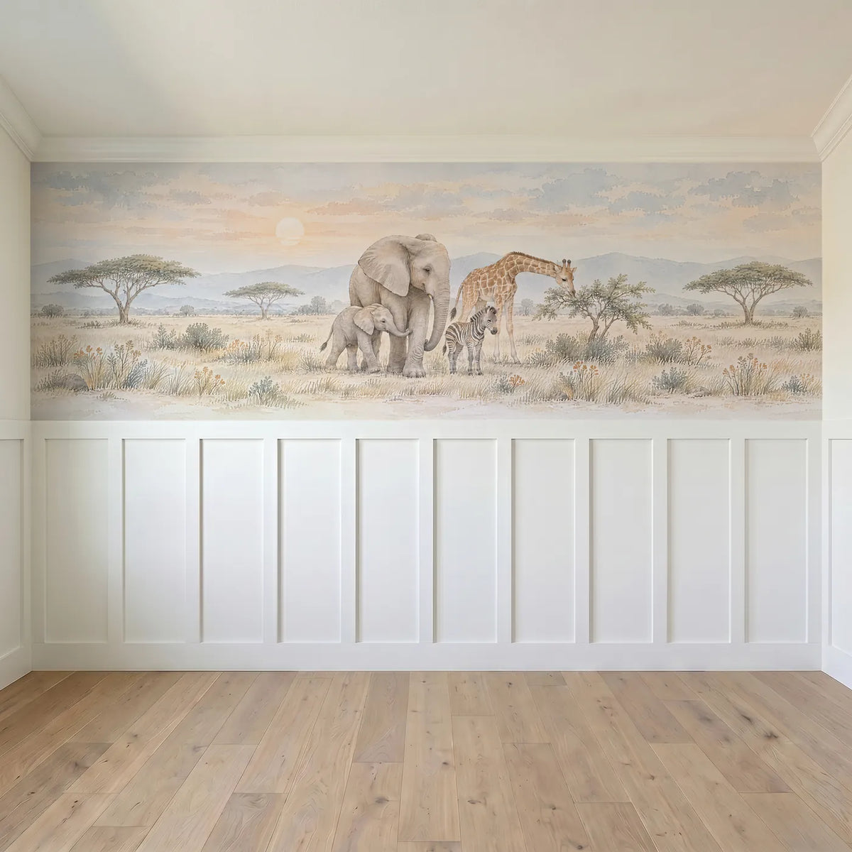 Watercolor wainscoting wallpaper of elephants and a giraffe on the savanna, full band design, by Whimsy Tots