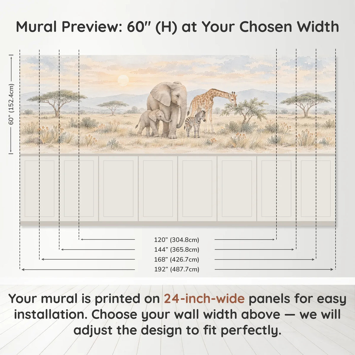 Watercolor wainscoting wallpaper of elephants and a giraffe on the savanna, band height and width, by Whimsy Tots
