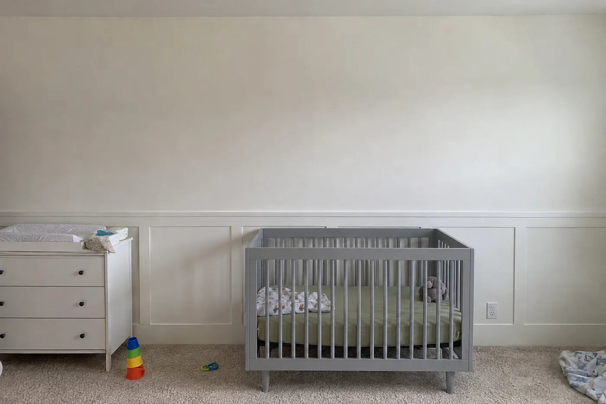 Watercolor wainscoting wallpaper of elephants and a giraffe on the savanna, the same room before, by Whimsy Tots
