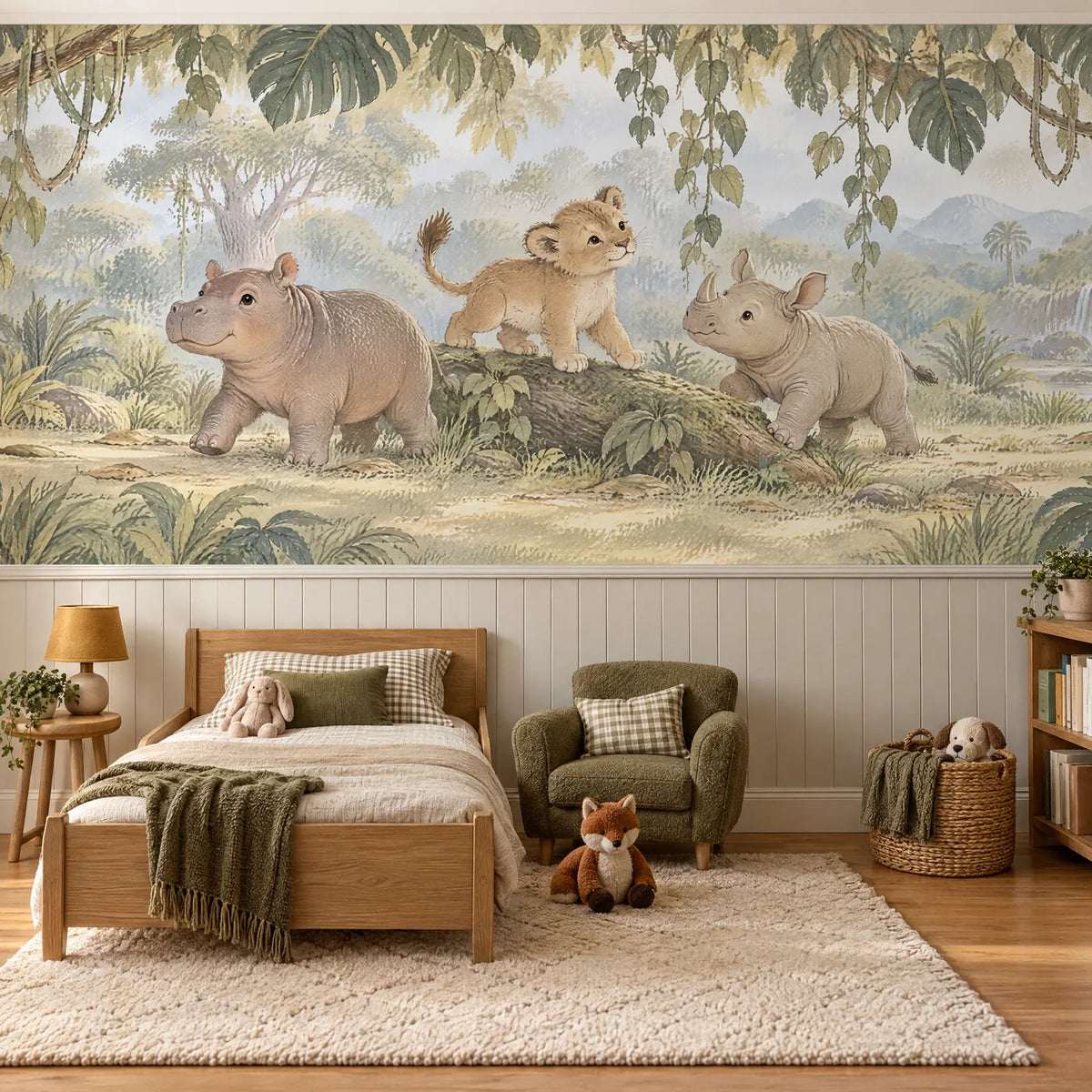 Gouache wainscoting wallpaper of a hippo, lion cub and rhino in the jungle, above the chair rail in a styled room, by Whimsy Tots