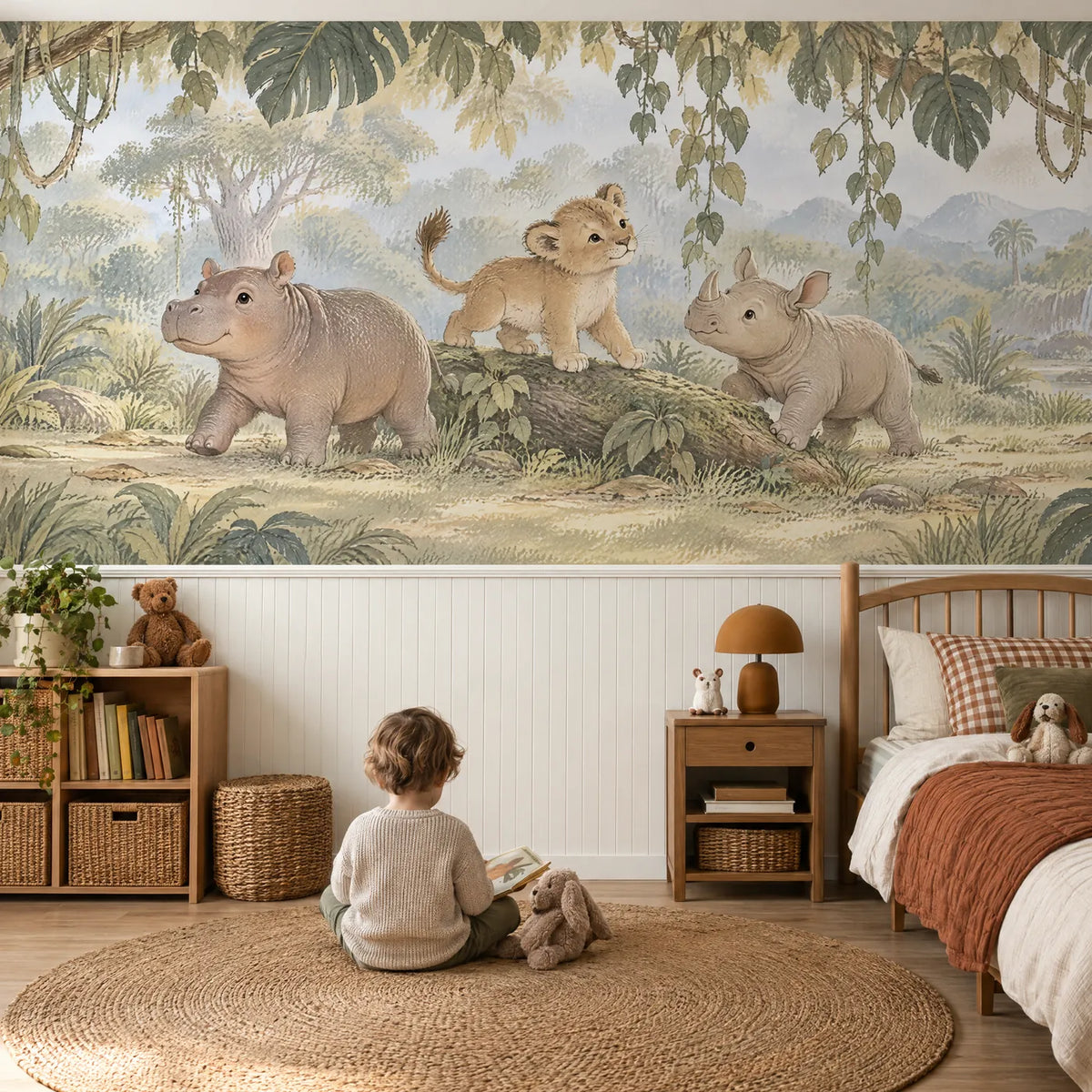 Gouache wainscoting wallpaper of a hippo, lion cub and rhino in the jungle, in a lifestyle room, by Whimsy Tots